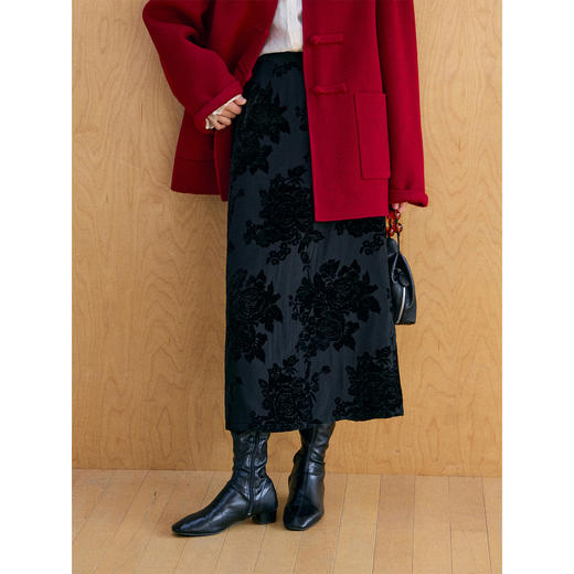 HeyDress植绒花卉提花直筒半裙 商品图0