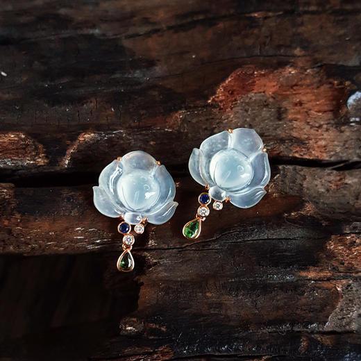 【天然正品】A货翡翠AU750玫瑰金镶钻镶天然冰种莲花造型翡翠（好运连连）耳环19.0*13.6*16.9MM（皆取最大值） 021225NJM21 商品图5