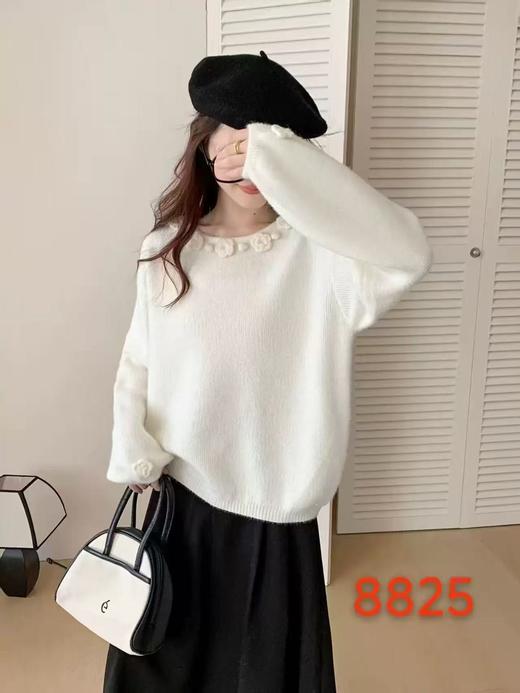 自营【超美针织衫】M09超有气质立体手工花朵一字肩毛衣-喜出 商品图0