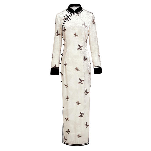 秋冬款丝绒印花白色连衣裙,高端年轻款改良新中式旗袍XLY25157 商品图4