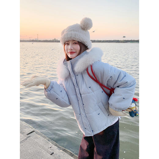 <曾小咸推荐>现货秒杀 ！微信超特价！韩系蓝白条纹连帽棉服 日常389.99 立减220 秒杀169.99！！花灰色绣花长袖t恤植绒 日常169. 秒杀89.99！ 商品图1