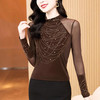KQL E37M2967洋气百搭高领烫钻钉珠T恤丝绒拼接网纱长袖打底衫 商品缩略图1