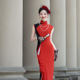 老上海改良版气质显瘦年轻款复古荷叶边长款旗袍NL