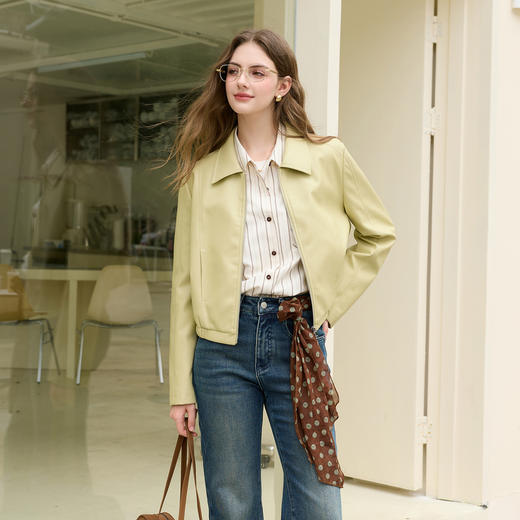 三彩2026春季新款PU皮衣外套翻领拉链夹克开衫小短款宽松M 商品图1