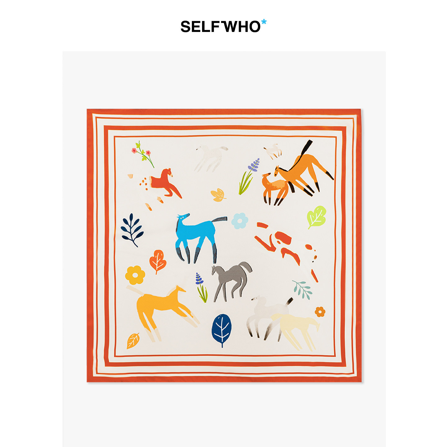 SELFWHO100%桑蚕丝童趣小马印花丝巾女2026春季新款真丝包包配饰
