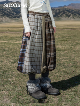 早乙女惠子saotome/STMBQ14010/毛呢格子拼接花苞半裙