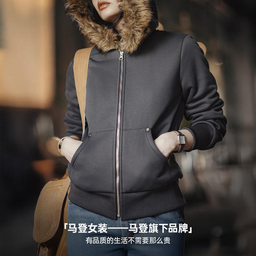 马登美式灰色摇粒绒保暖毛领拉链开衫连帽加厚卫衣外套上衣女秋冬 商品图4