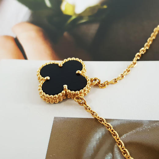 【95新】VCA梵克雅宝Vintage Alhambra系列VCARA45800  中号18K黄金镶黑玛瑙四叶草黑花项链链长约42cm女士 301125NJS07 商品图4