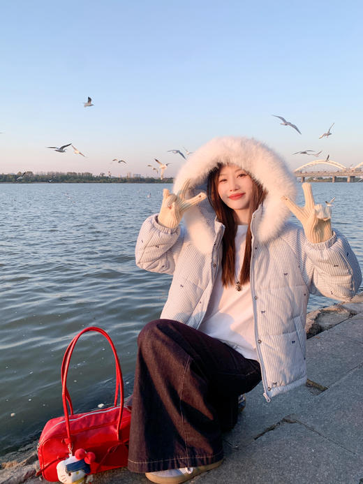 <曾小咸推荐>现货秒杀 ！微信超特价！韩系蓝白条纹连帽棉服 日常389.99 立减220 秒杀169.99！！花灰色绣花长袖t恤植绒 日常169. 秒杀89.99！ 商品图11