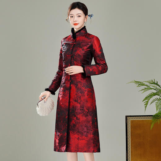 【红玺】冬装水貂毛领长款夹棉加厚保暖唐装风衣大衣外套T25164 商品图1