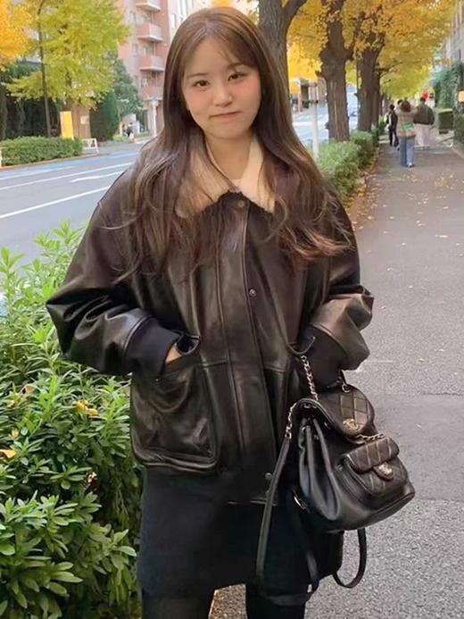 韩国oun*同款可拆卸毛领短款飞行员皮衣夹克 商品图9