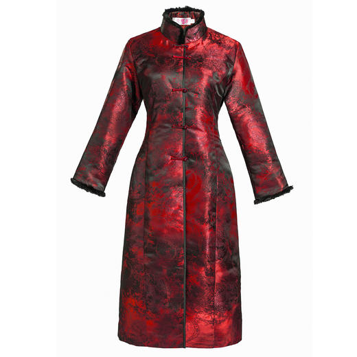 【红玺】冬装水貂毛领长款夹棉加厚保暖唐装风衣大衣外套T25164 商品图4