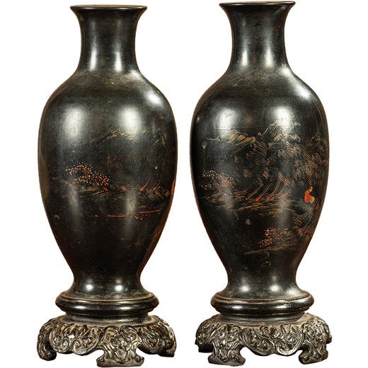 清	匏器髹漆彩绘山水人物赏瓶（一对） 商品图5