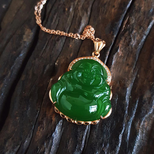 【天然正品】AU750玫瑰金镶钻镶天然细腻菠菜绿无黑点佛公造型碧玉吊坠项链27.7*19.8*8.5MM(皆取最大值)链长：45CM（长度可调节） 071225NJM17 商品图5