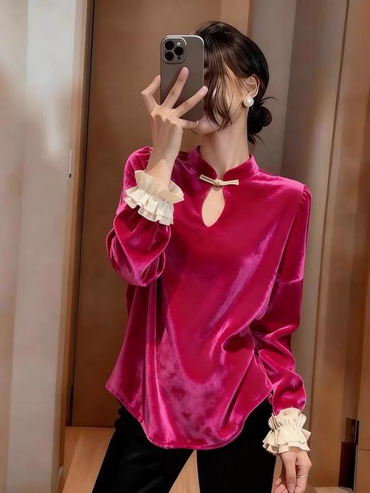 M1087新中式蜜桃粉色丝绒衬衫秋冬内搭外穿打底衫国风改良汉服盘扣上衣 商品图5