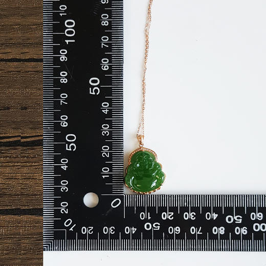 【天然正品】AU750玫瑰金镶钻镶天然细腻菠菜绿无黑点佛公造型碧玉吊坠项链27.7*19.8*8.5MM(皆取最大值)链长：45CM（长度可调节） 071225NJM17 商品图2