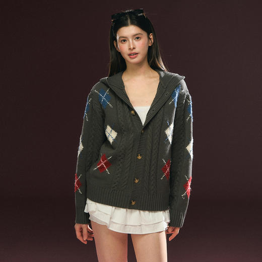 Ariseism美式复古设计感菱格连帽针织开衫毛衣女秋冬新款加厚上衣 商品图1