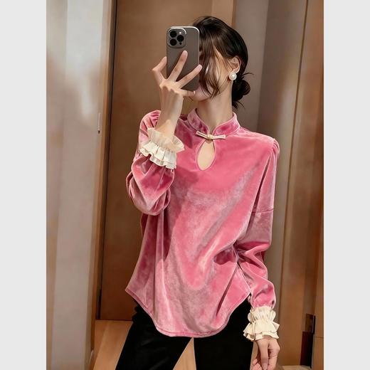 M1087新中式蜜桃粉色丝绒衬衫秋冬内搭外穿打底衫国风改良汉服盘扣上衣 商品图6