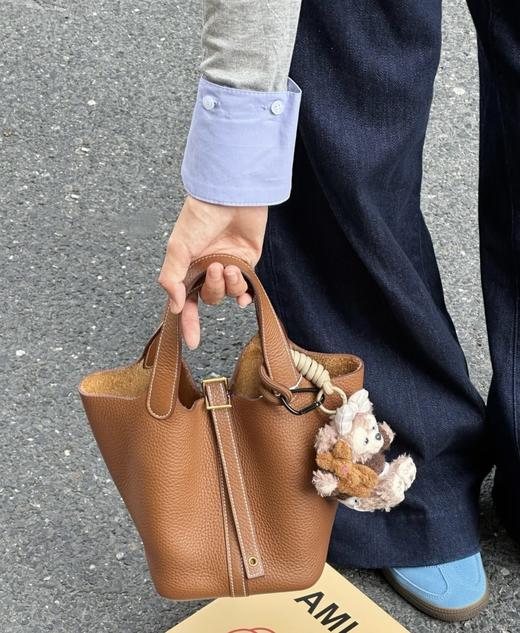 经典菜篮子头层牛皮水桶包真皮荔枝纹 商品图1