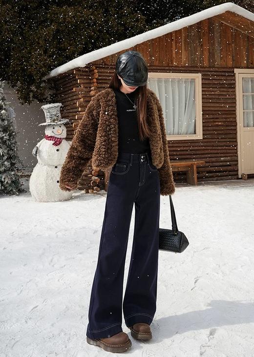 丹宁原本色蓝冬季加绒四面弹阔腿高腰微喇牛仔裤 商品图1