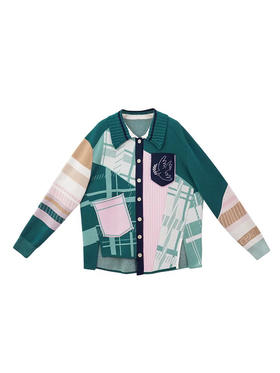 撞色拼接格纹羊毛开衫