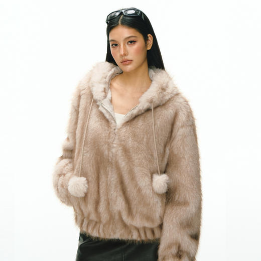 Ariseism 美式复古设计感连帽环保皮草外套女冬季新款加厚上衣 商品图0