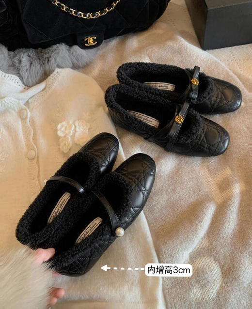 小羊皮山茶花珍珠羊毛绒绒毛玛丽珍真皮鞋 商品图0