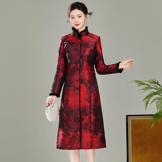 【红玺】冬装水貂毛领长款夹棉加厚保暖唐装风衣大衣外套T25164 商品图0