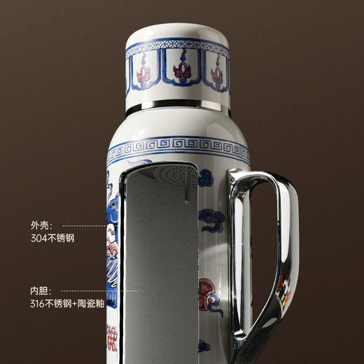 FXQ【天马奔腾保暖壶】天驹八宝陶瓷内胆焖壶 机械测温塞  陶瓷内胆  独立茶仓过滤网  360°倒水不挑角度 大容量保温杯中式礼盒装 商品图2