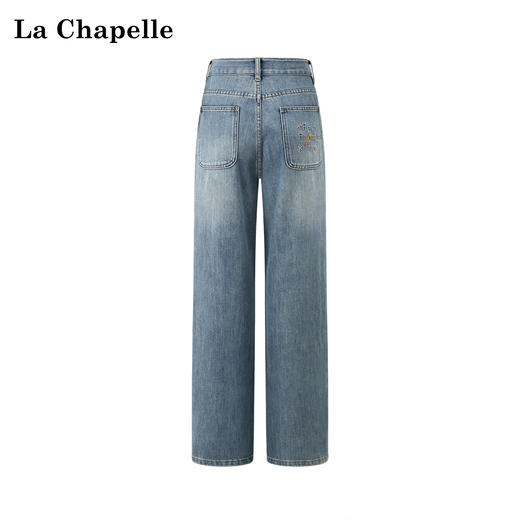 会员福利【单扣袢+撞色刺绣】拉夏贝尔/La Chapelle彩色字母刺绣牛仔裤高腰显瘦百搭宽松长裤 商品图4