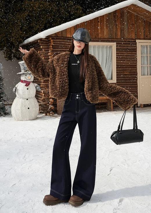 丹宁原本色蓝冬季加绒四面弹阔腿高腰微喇牛仔裤 商品图4