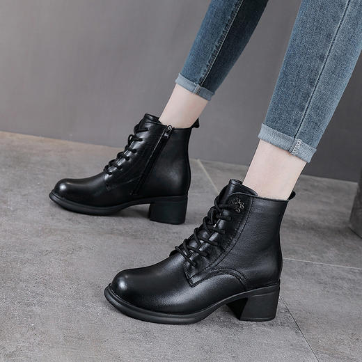 YR 2975真皮复古马丁靴厚底粗跟头层牛皮显脚小系带短筒靴 商品图0