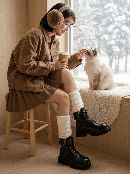 百丽同款女士真皮加厚绒英伦复古马丁靴 商品图5