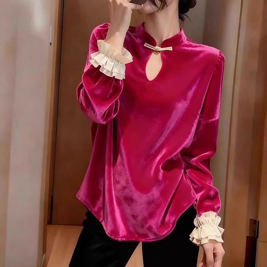 M1087新中式蜜桃粉色丝绒衬衫秋冬内搭外穿打底衫国风改良汉服盘扣上衣 商品图2