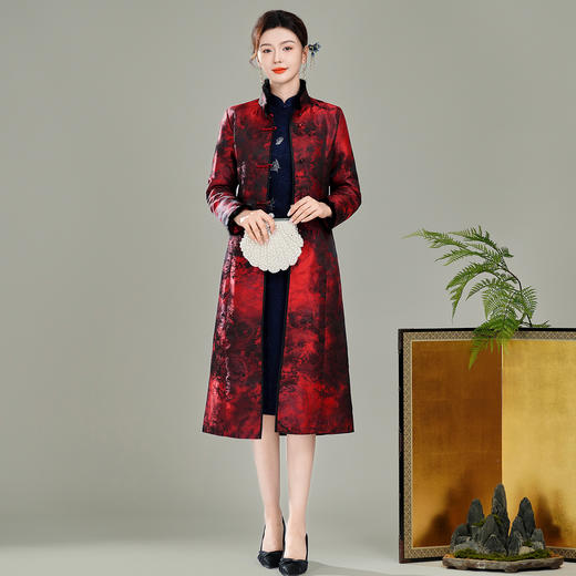 【红玺】冬装水貂毛领长款夹棉加厚保暖唐装风衣大衣外套T25164 商品图2