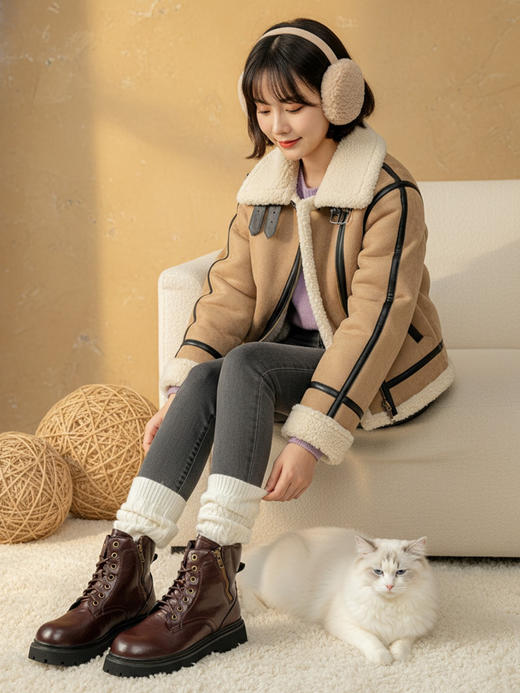 百丽同款女士真皮加厚绒英伦复古马丁靴 商品图4