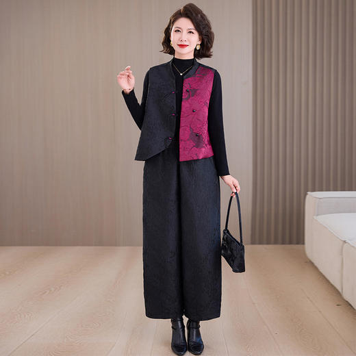 中年妈妈复古提花秋冬新款马甲背心女士立领改良斜襟盘扣上衣套装 商品图1