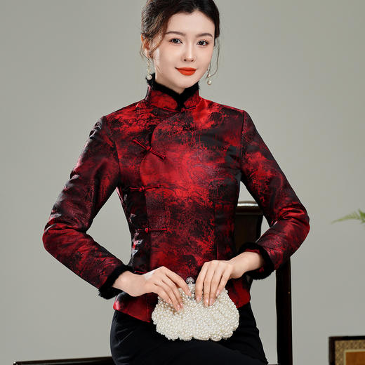 【年轮】冬装毛领夹棉加厚保暖过年喜庆唐装棉袄上衣T25134 商品图2