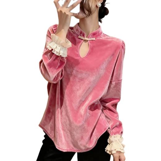 M1087新中式蜜桃粉色丝绒衬衫秋冬内搭外穿打底衫国风改良汉服盘扣上衣 商品图4