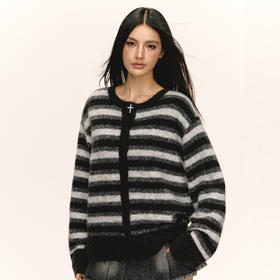 Ariseism 美式复古设计感圆领条纹毛衣开衫女秋冬新款上衣