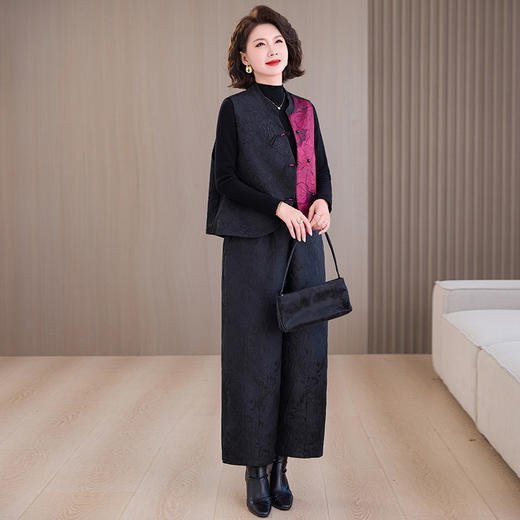 中年妈妈复古提花秋冬新款马甲背心女士立领改良斜襟盘扣上衣套装 商品图2