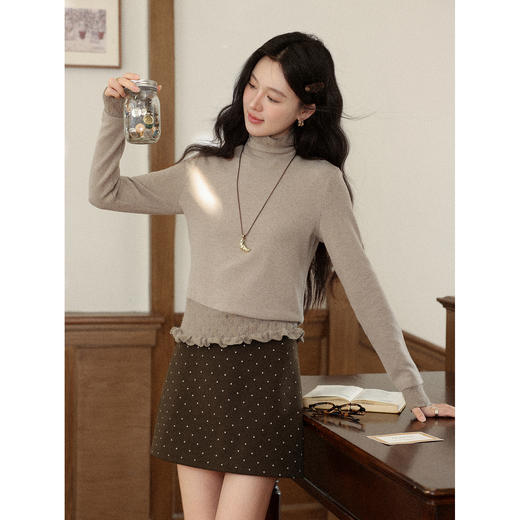 鹿向南「焦糖可颂」咖色复古波点短款半身裙女秋冬小个子高腰裙子 商品图3