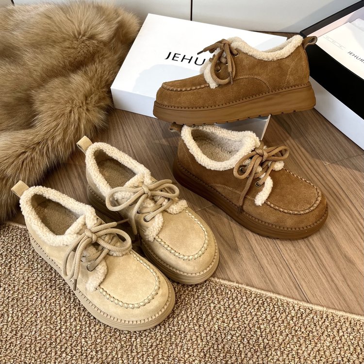 JEHURFIE/纪华菲加绒系带保暖羊羔毛勃肯鞋，跟高4CM-FF