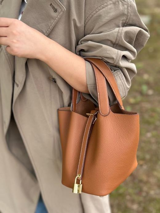 经典菜篮子头层牛皮水桶包真皮荔枝纹 商品图0