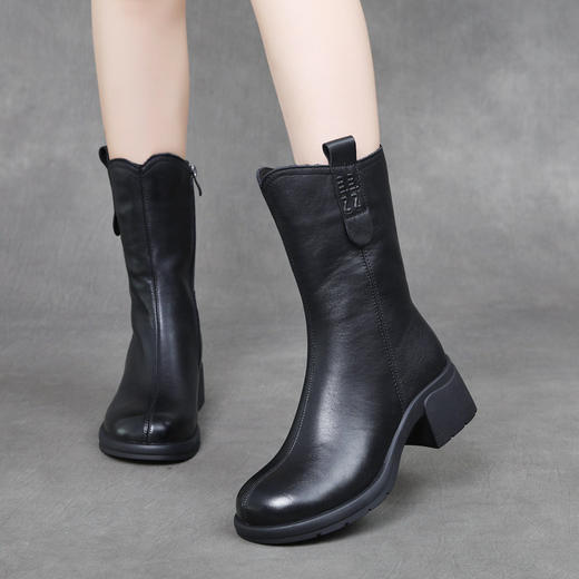 JS5577N 2025冬新款头层牛皮加绒保暖棉靴真皮休闲拉链粗跟马丁靴女靴 商品图2