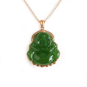 【天然正品】AU750玫瑰金镶钻镶天然细腻菠菜绿无黑点佛公造型碧玉吊坠项链27.7*19.8*8.5MM(皆取最大值)链长：45CM（长度可调节） 071225NJM17