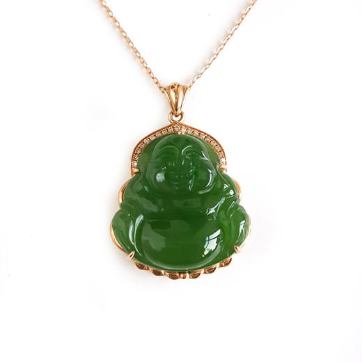 【天然正品】AU750玫瑰金镶钻镶天然细腻菠菜绿无黑点佛公造型碧玉吊坠项链27.7*19.8*8.5MM(皆取最大值)链长：45CM（长度可调节） 071225NJM17 商品图0