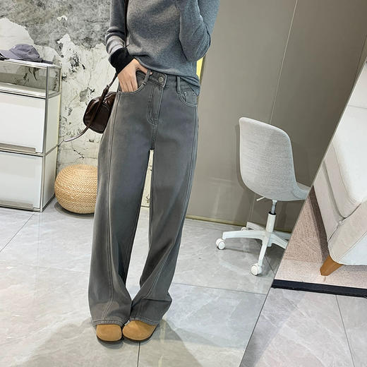 显瘦高腰垂感加厚加绒牛仔裤女秋冬裤子宽松直筒阔腿裤冬季长裤 商品图1