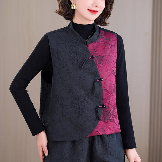 中年妈妈复古提花秋冬新款马甲背心女士立领改良斜襟盘扣上衣套装 商品图0