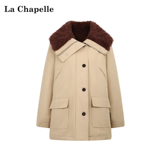 天猫同步【杨幂同款】拉夏贝尔/La Chapelle毛毛翻领翻盖口袋外套女加厚保暖设计感派克服冬季新款 商品图1